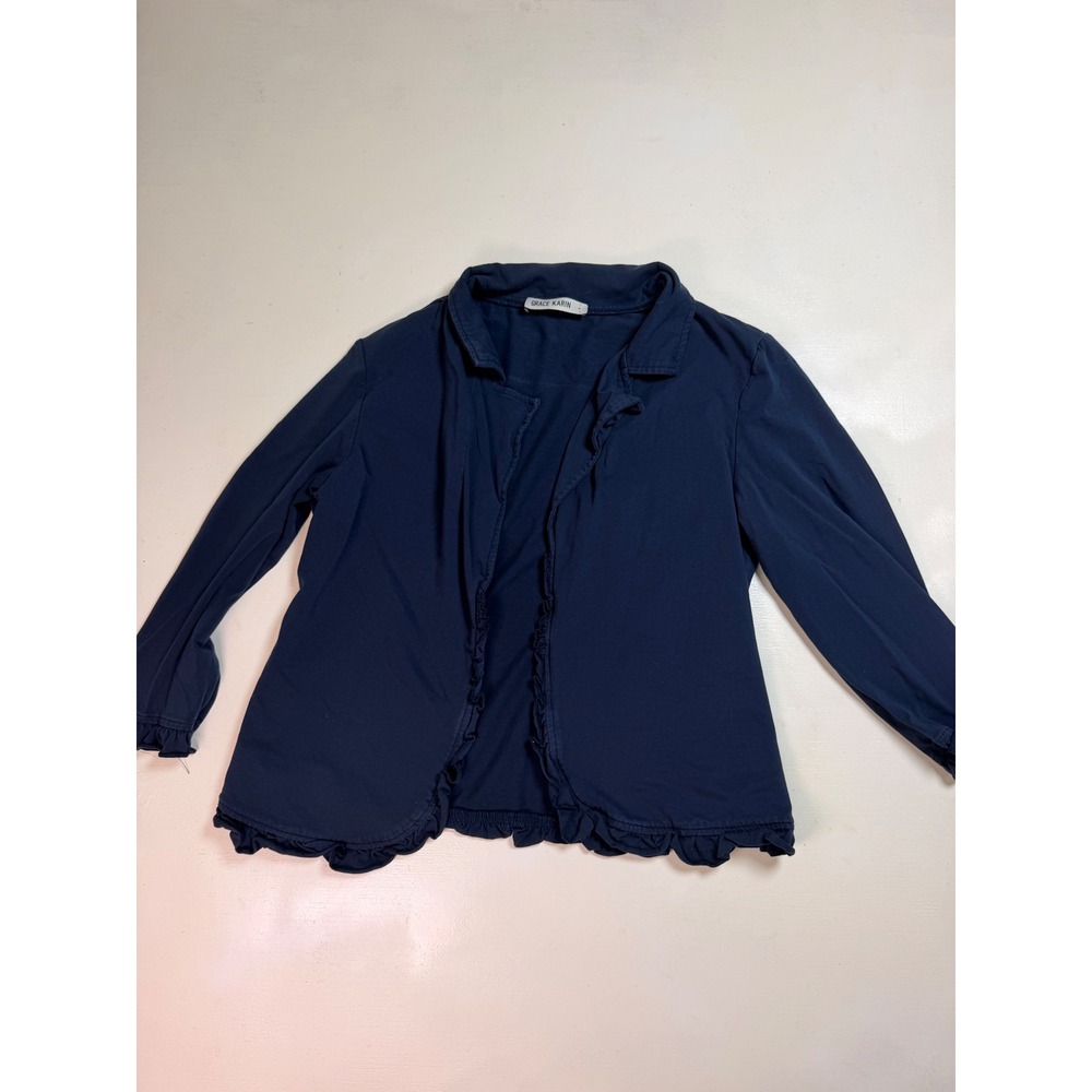 Grace Karin Cardigan Women Small Navy Blue Excellent Ruffle Trim Open Front